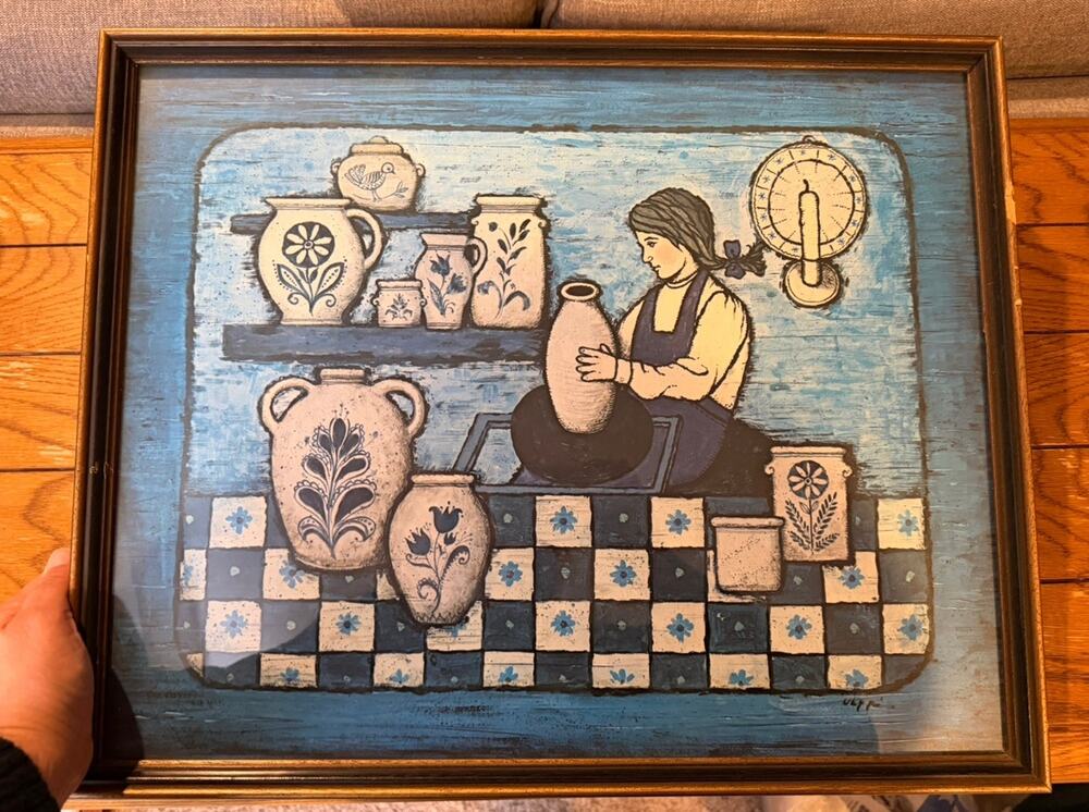 The Pottery Maker Art Print by R Nappi Wood Framed Wall Hanging VTG 70s Country